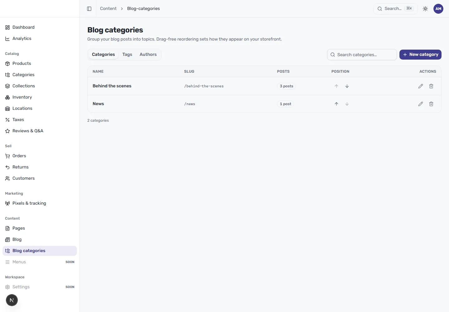 The Blog categories screen in CIQRA, showing the Categories tab, a search box, a New category button, and a table of categories with name, slug, posts and position columns