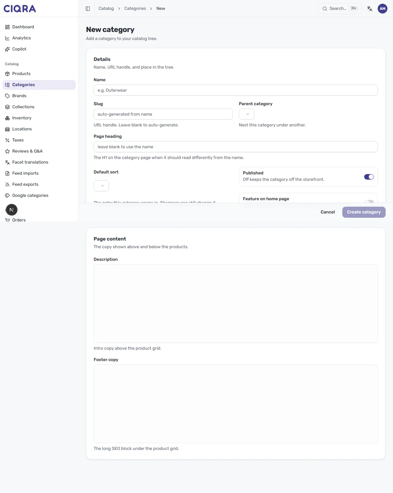 The New category form with Name, Slug and Parent category fields