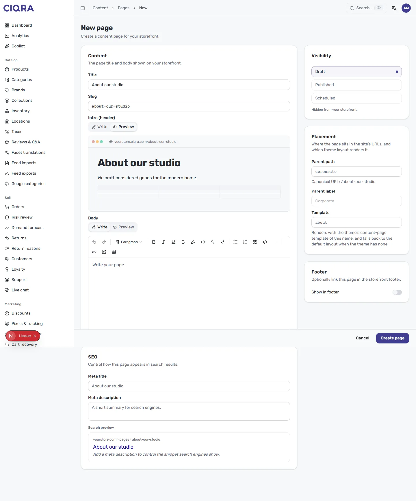 The content editor in Preview mode, showing the page rendered in a browser frame with its heading and body at the storefront URL