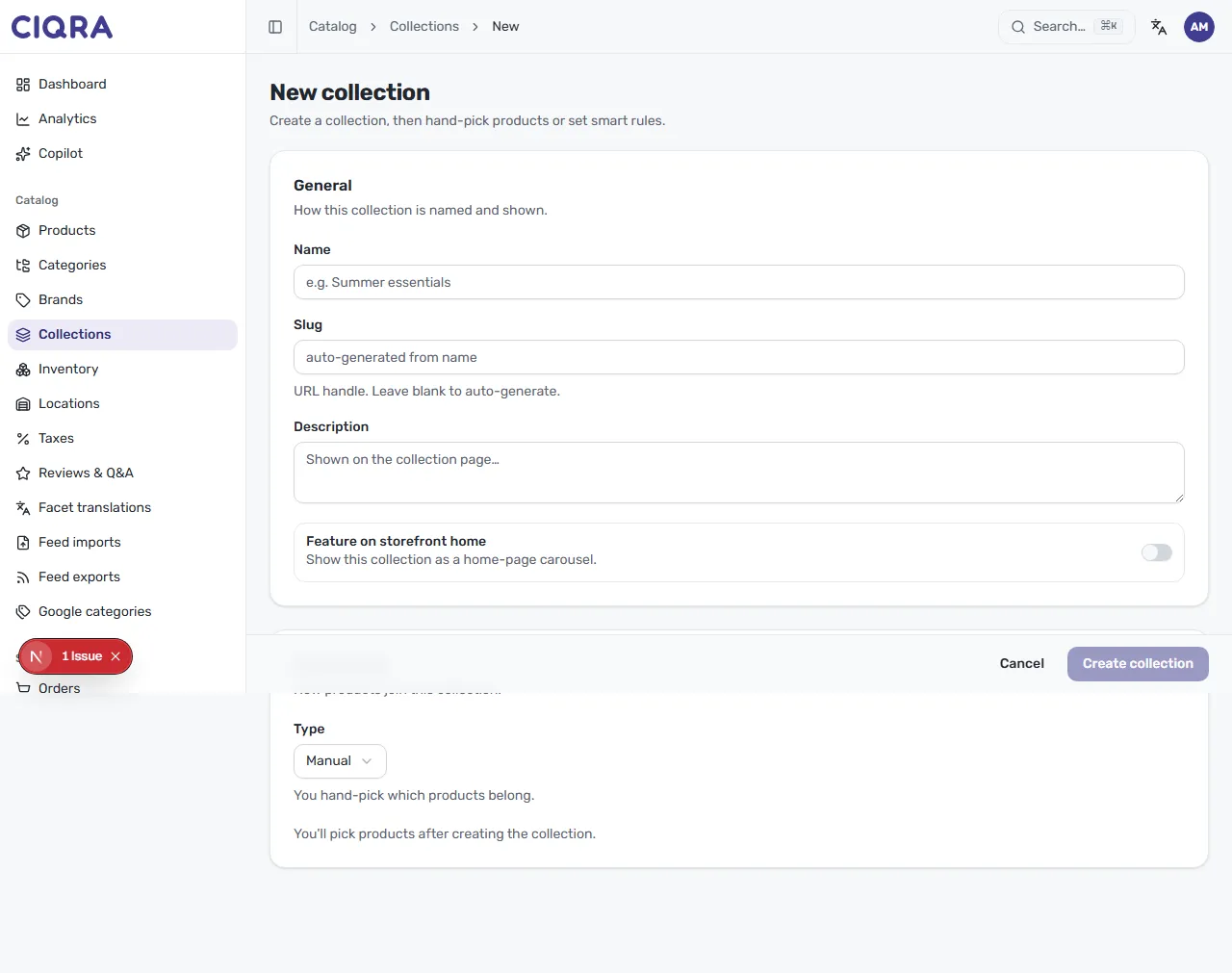The New collection form with Name, Slug, Description and a Feature on storefront home toggle