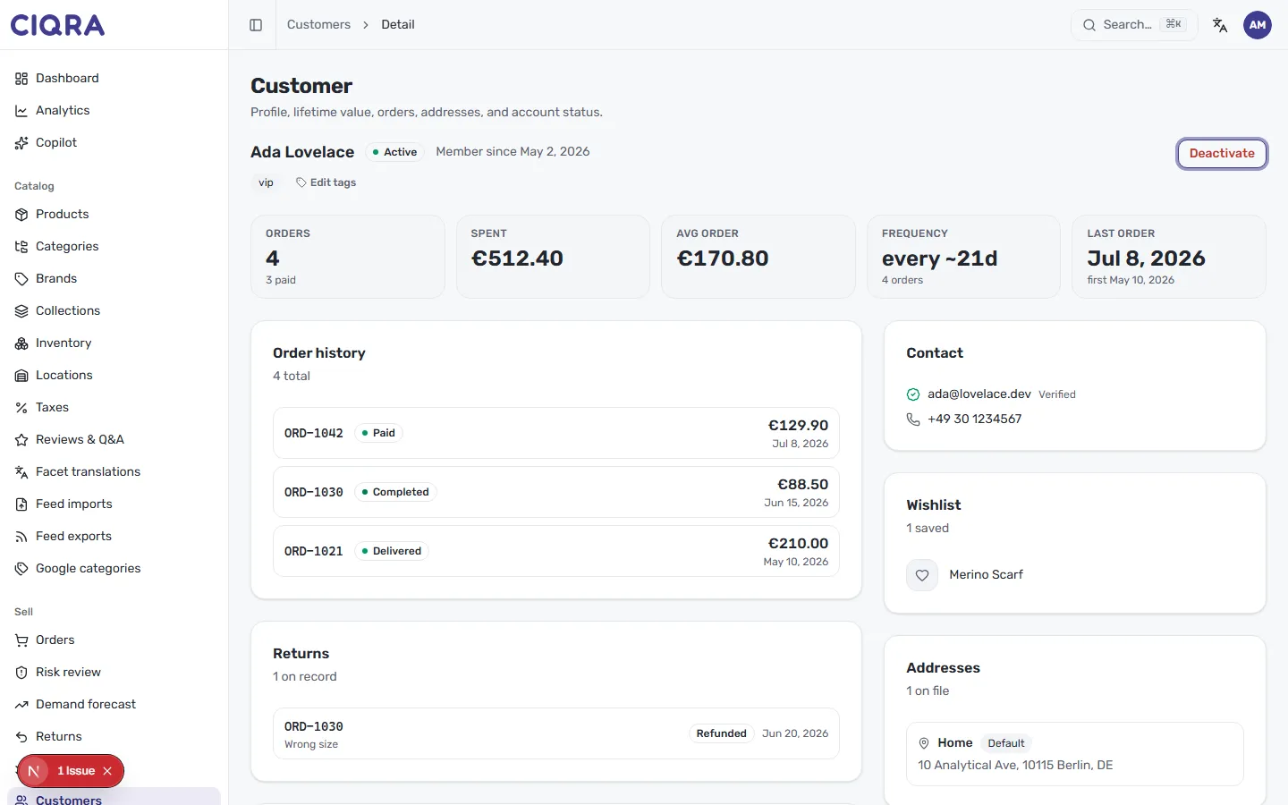 A CIQRA customer profile for Ada Lovelace, showing the header and status, tags, summary tiles, order and return history, contact details and addresses