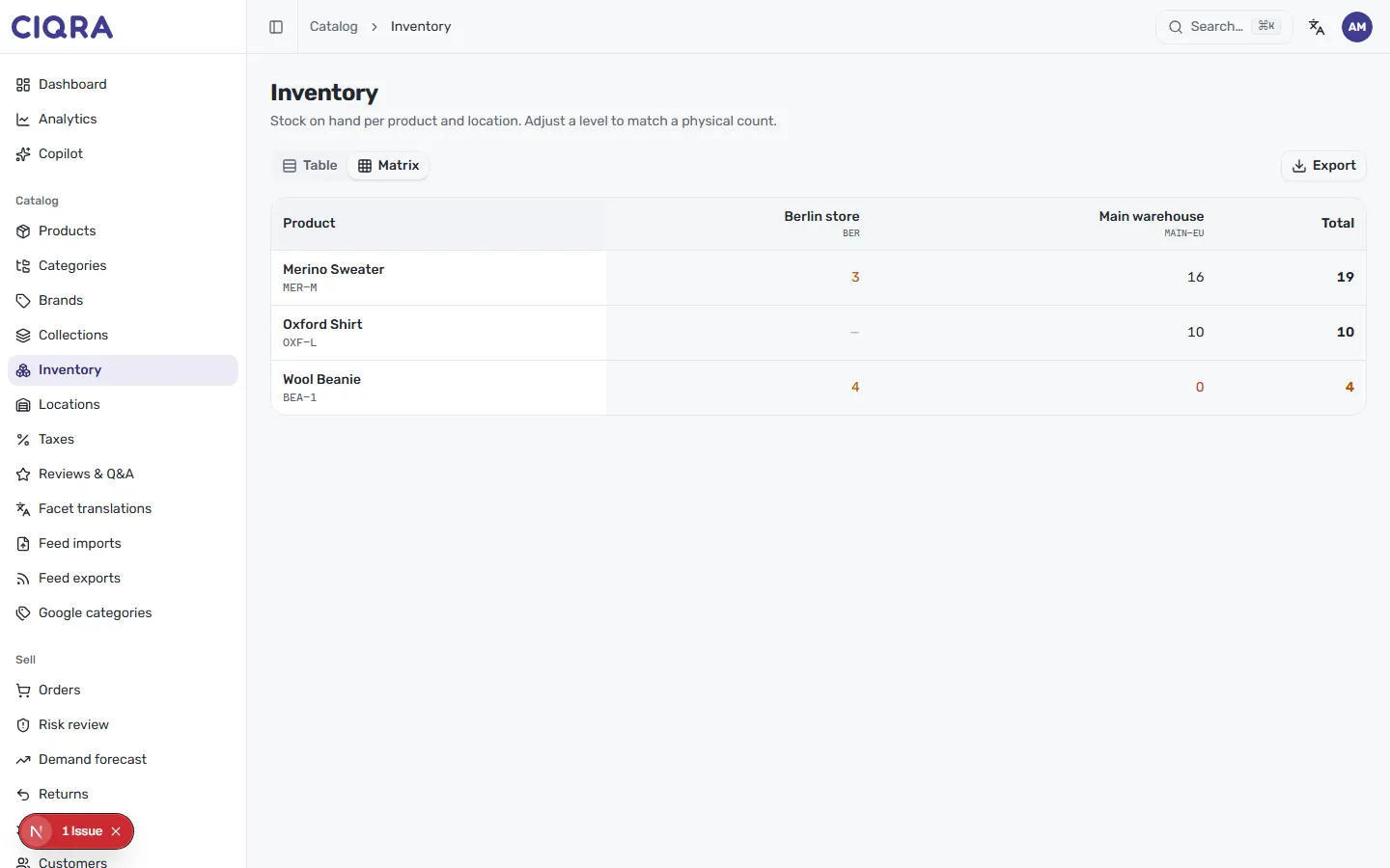 The inventory Matrix view with products as rows, locations as columns, and a Total column