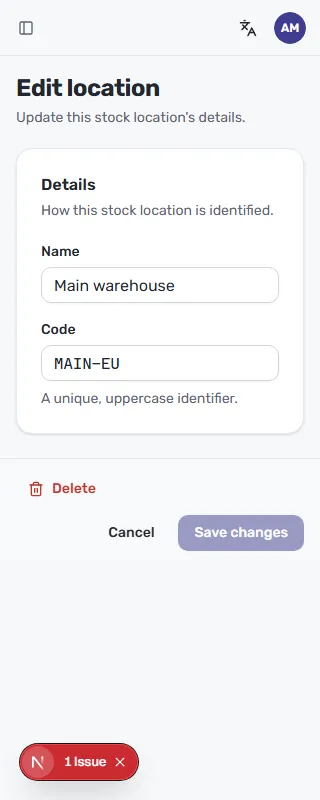 The Edit location form showing the Name and Code of an existing location with a Delete option