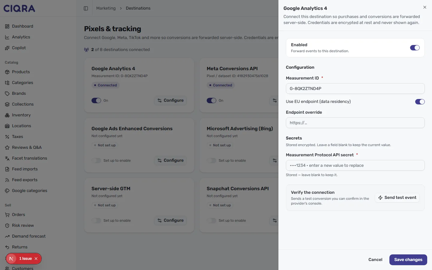 The Google Analytics 4 destination editor — a side panel with an Enabled toggle, Configuration fields, a Secrets section, a Verify panel, and Save changes