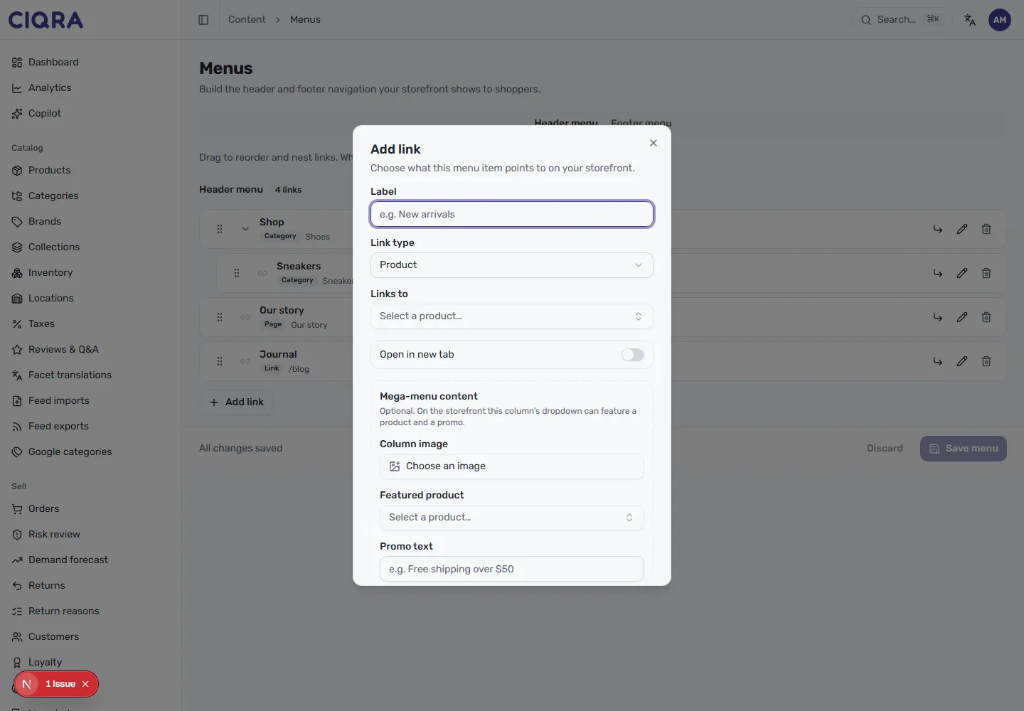 The Add link dialog in CIQRA, with a Label field, a Link type dropdown set to Product, a Links to selector, and an Open in new tab toggle