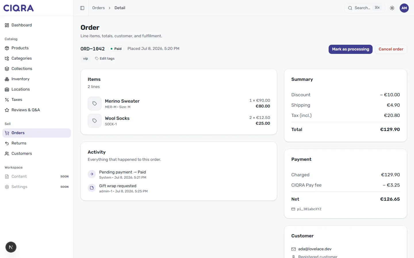 A CIQRA order detail page for ORD-1042, showing the status and actions, tags, Items and Activity cards, and the Summary and Payment cards