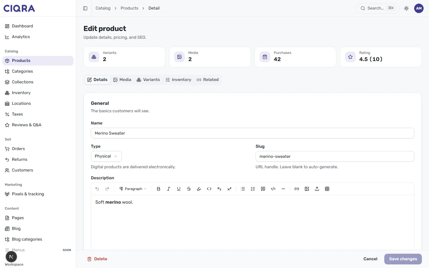 The Edit product screen showing summary cards for Variants, Media, Purchases and Rating above the General details form