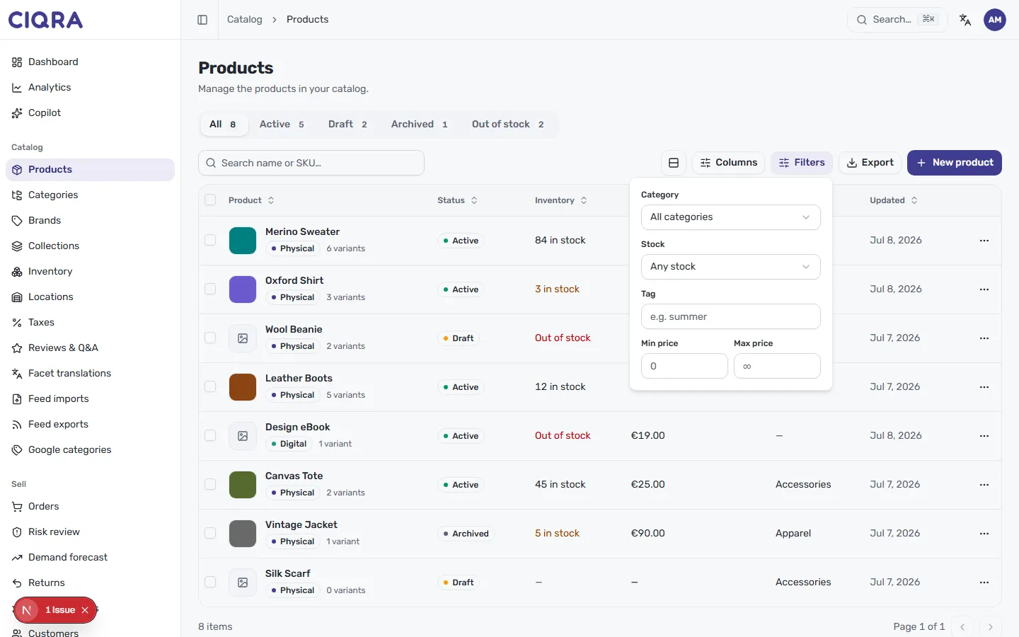 The Filters panel with Category, Stock, Tag, and Min/Max price controls
