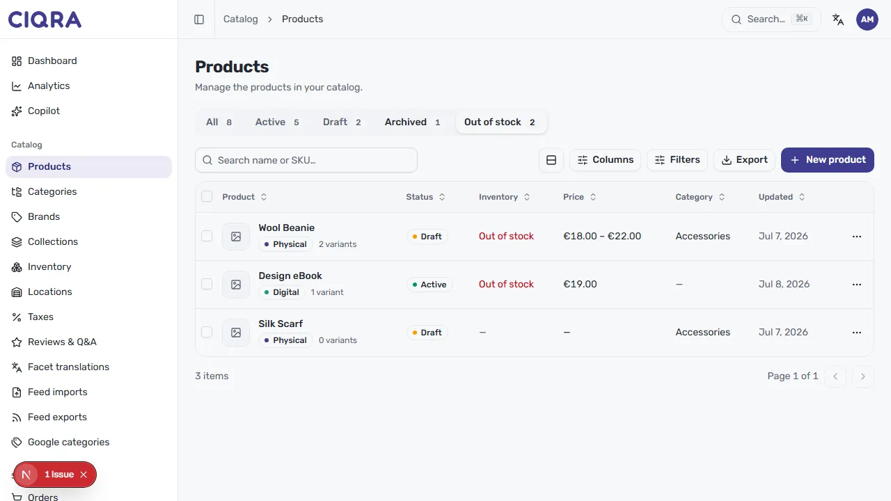 The Out of stock tab showing only products with no available stock
