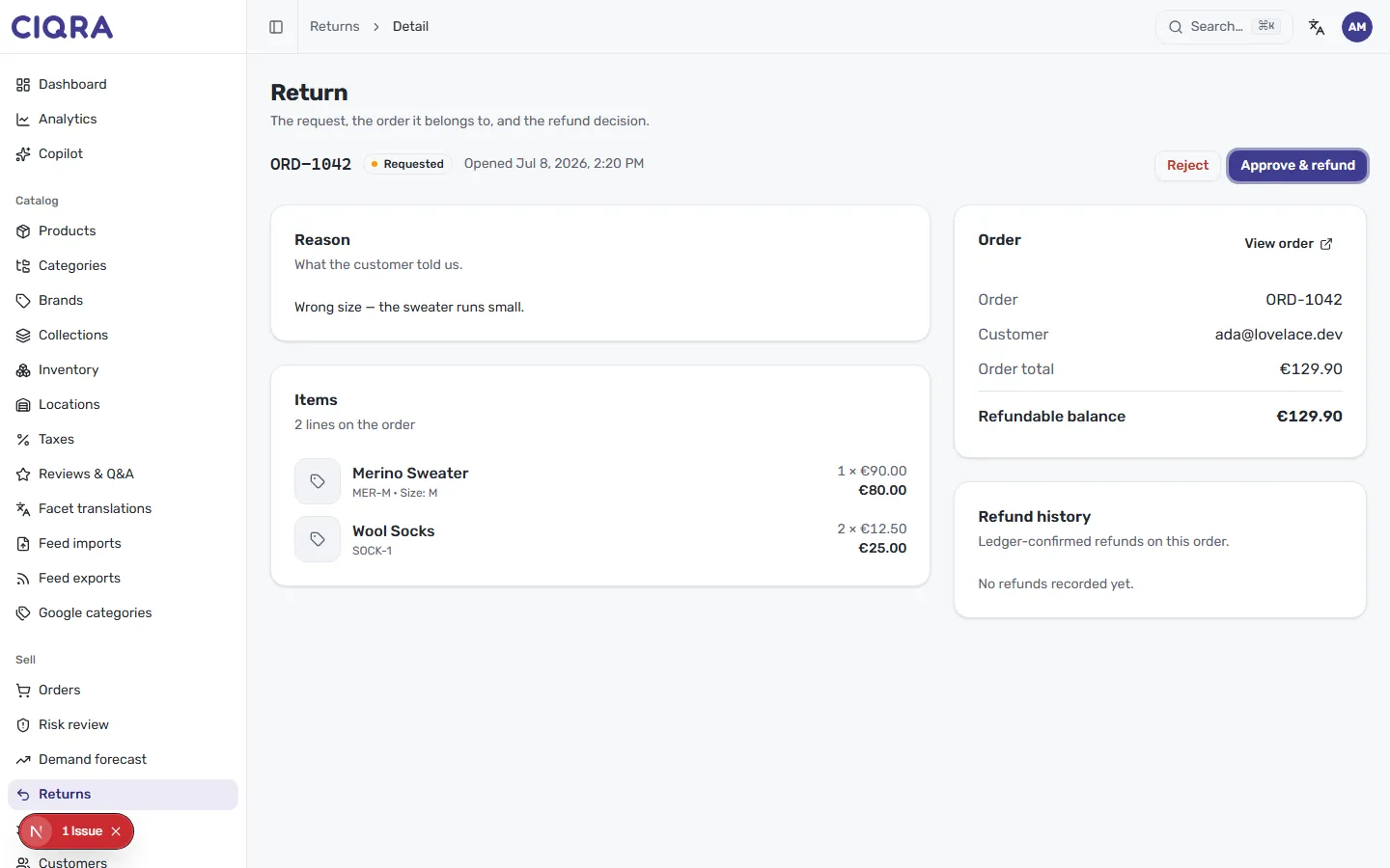 A CIQRA return detail page for ORD-1042, showing the reason, items, the linked order with its refundable balance, and refund history